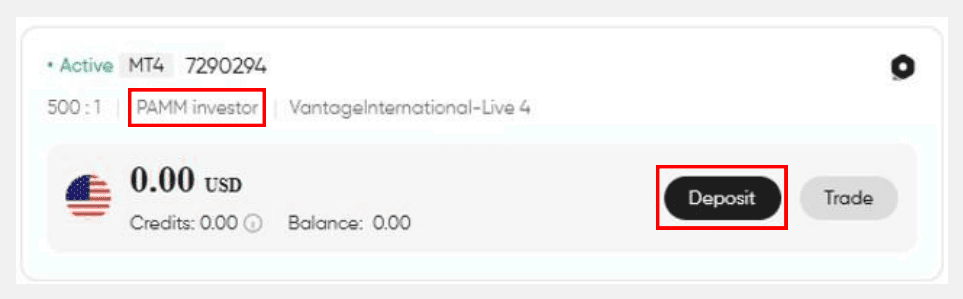 A PAMM investor account card in the Vantage client portal with the Deposit button highlighted.