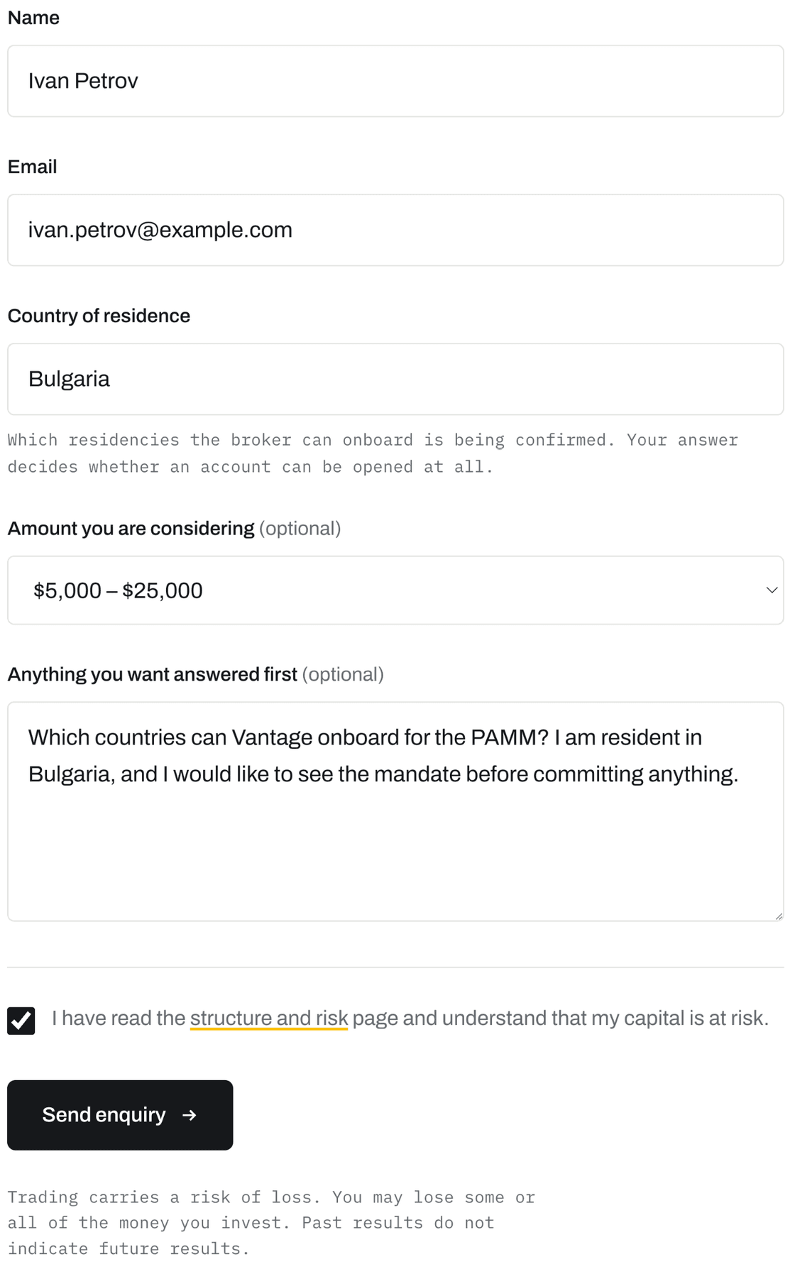 The MM Forex enquiry form, filled in, with the consent box ticked