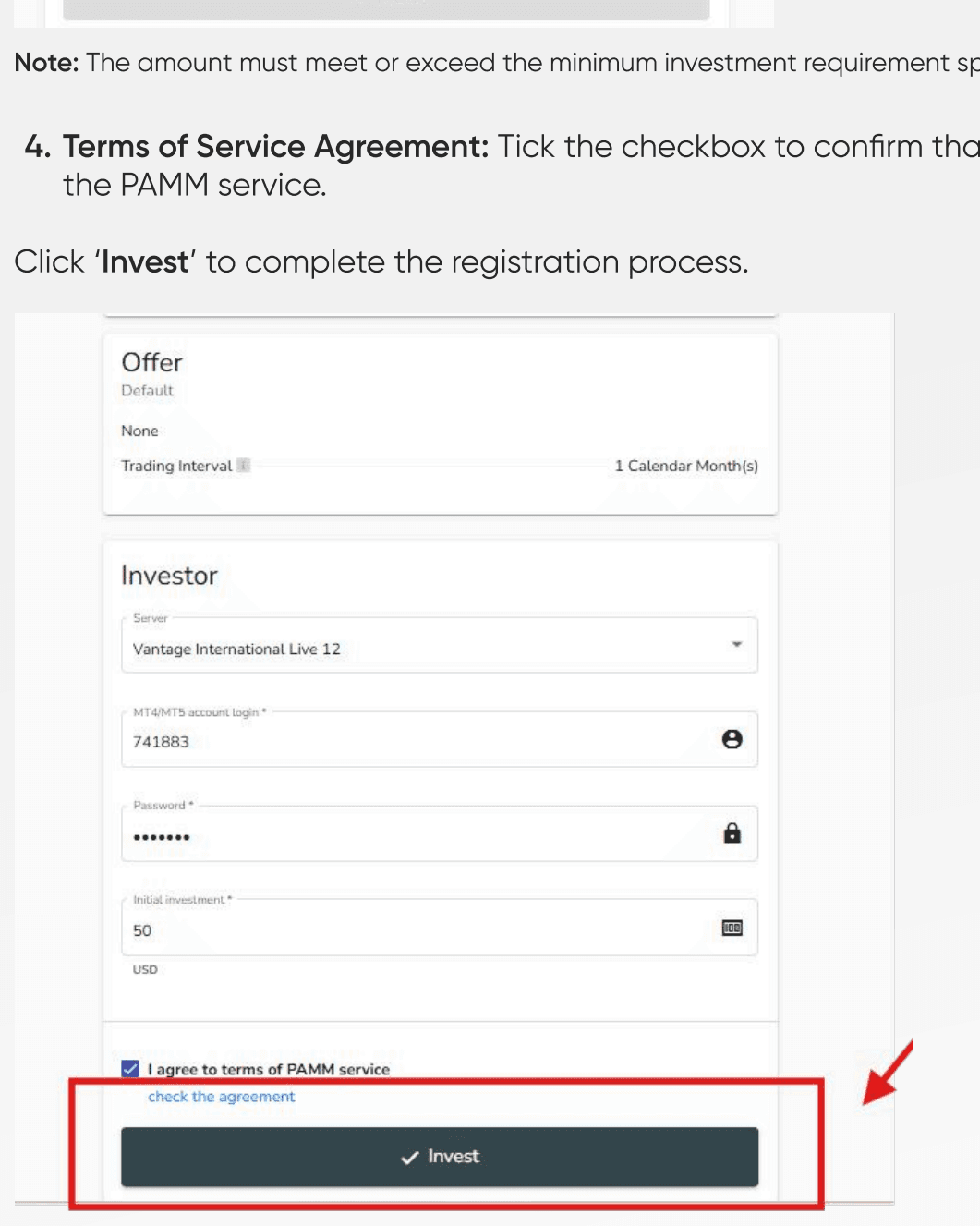 The completed Investor form with the terms checkbox ticked and the Invest button active.