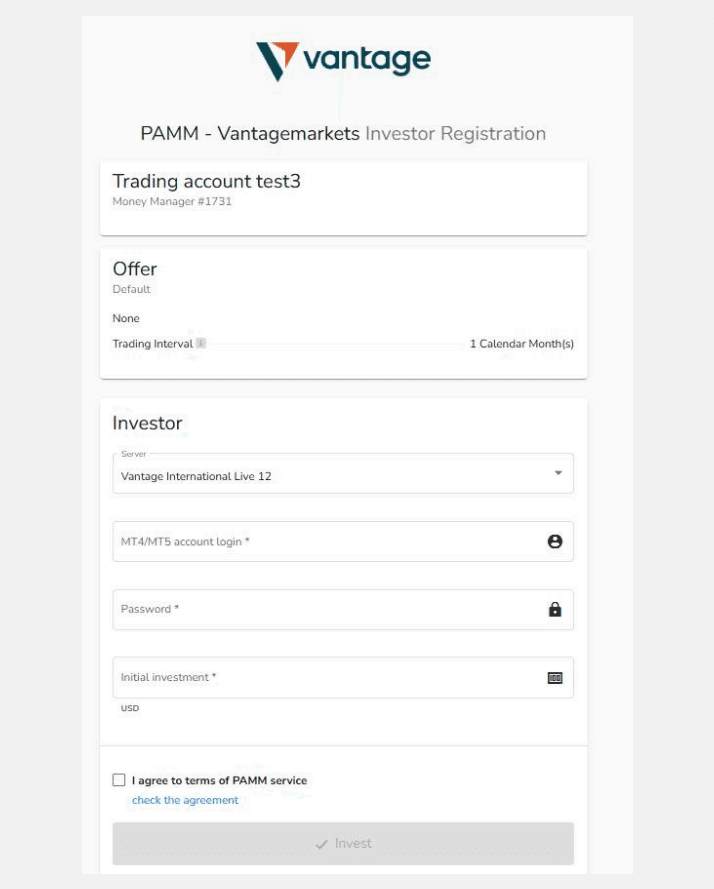 The PAMM Investor Registration page, showing the manager, the Offer panel and the Investor form.
