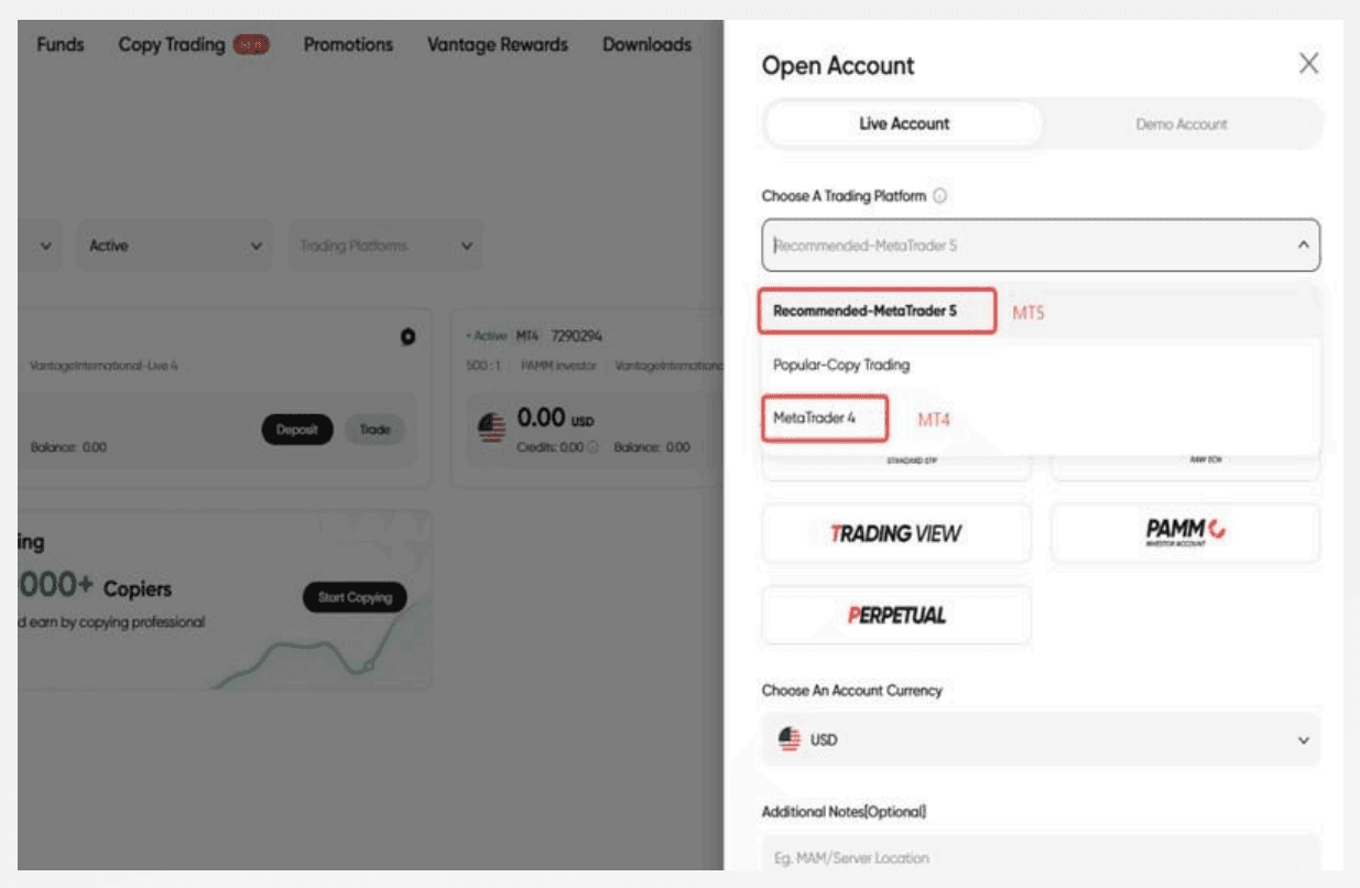 The Open Account panel, showing the trading platform dropdown with MetaTrader 5 and MetaTrader 4 options.