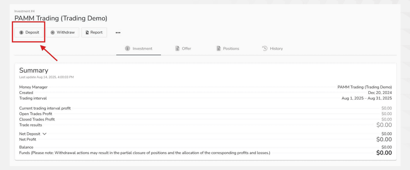 The Deposit button in the PAMM Investor Portal.