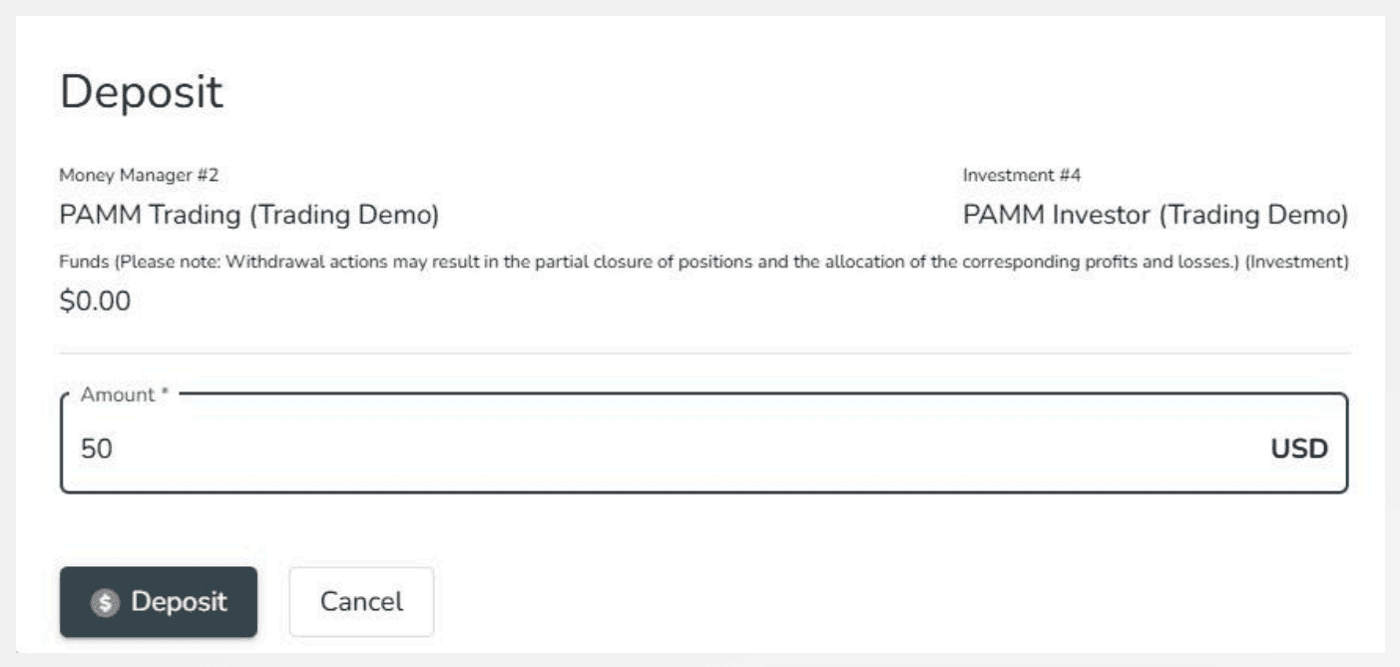 The deposit amount dialog in the PAMM Investor Portal.