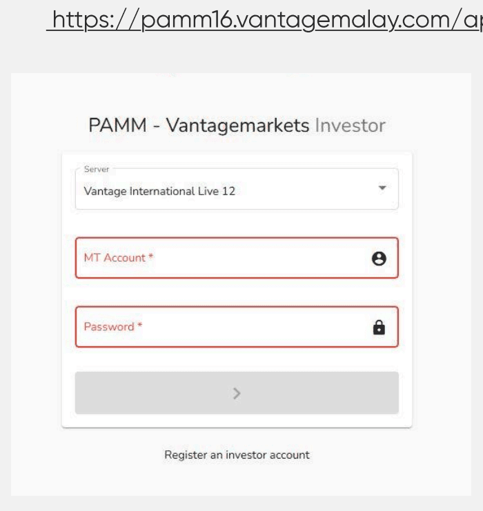 The PAMM Investor Portal login page, asking for a server, MT account and password.