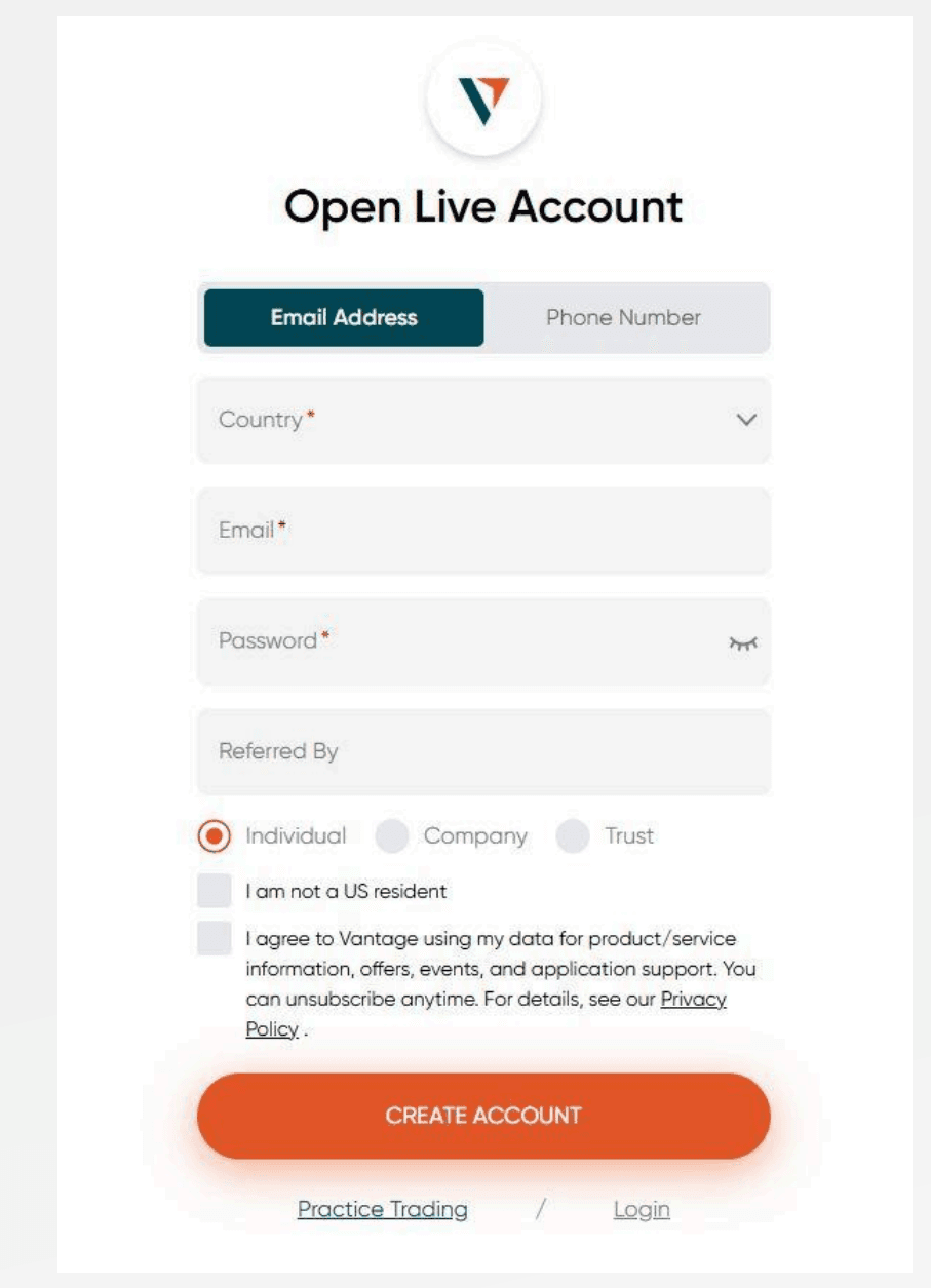 Vantage's Open Live Account form, showing the Country, Email, Password and Referred By fields.