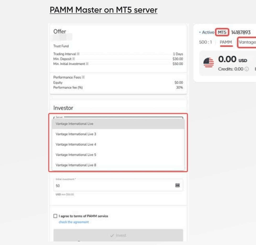 The server dropdown on the join page expanded, showing the Vantage International Live server list for MT5.