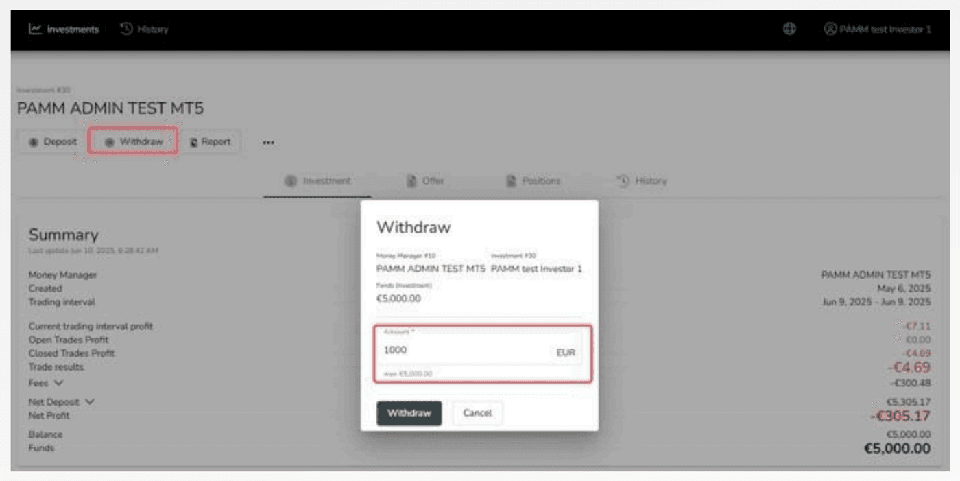 The withdrawal dialog in the PAMM Investor Portal.