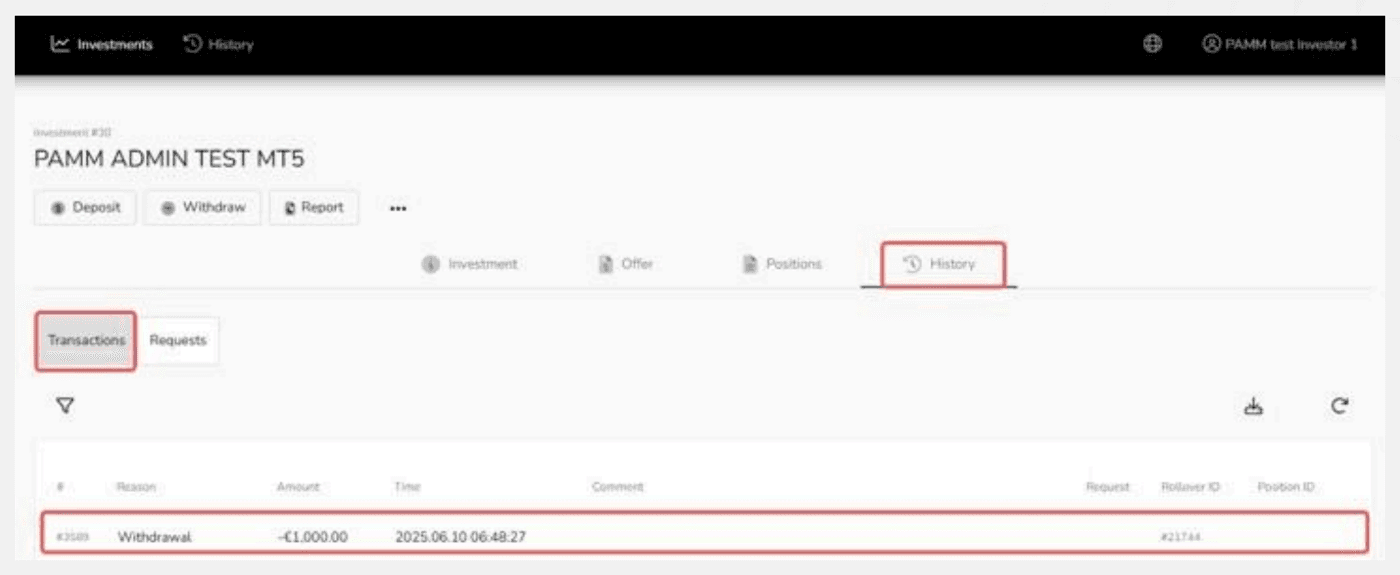 The withdrawal request listed under History, Requests tab.
